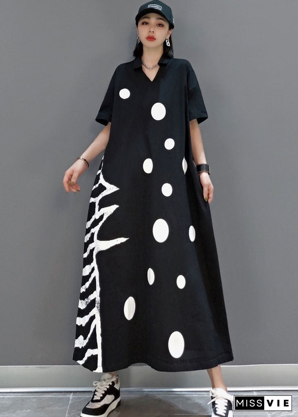 Plus Size Black V Neck dot a line skirts Half Sleeve