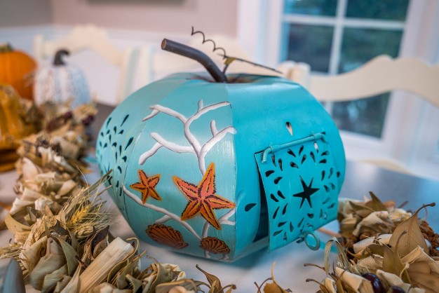 Beachcombers Teal Metal Thanksgiving Coastal Pumpkin Lantern