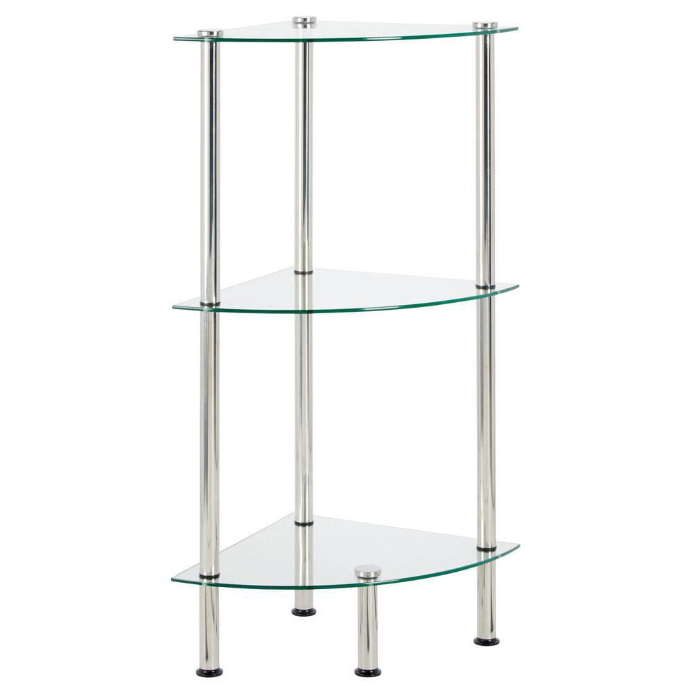 mDesign Bathroom Floor Storage Corner Tower, 3 Tier Open Glass Shelves - Compact Shelving Display Unit - Multi-Use Home Organizer for Bath, Office, Bedroom, Living Room - Clear/Chrome Metal