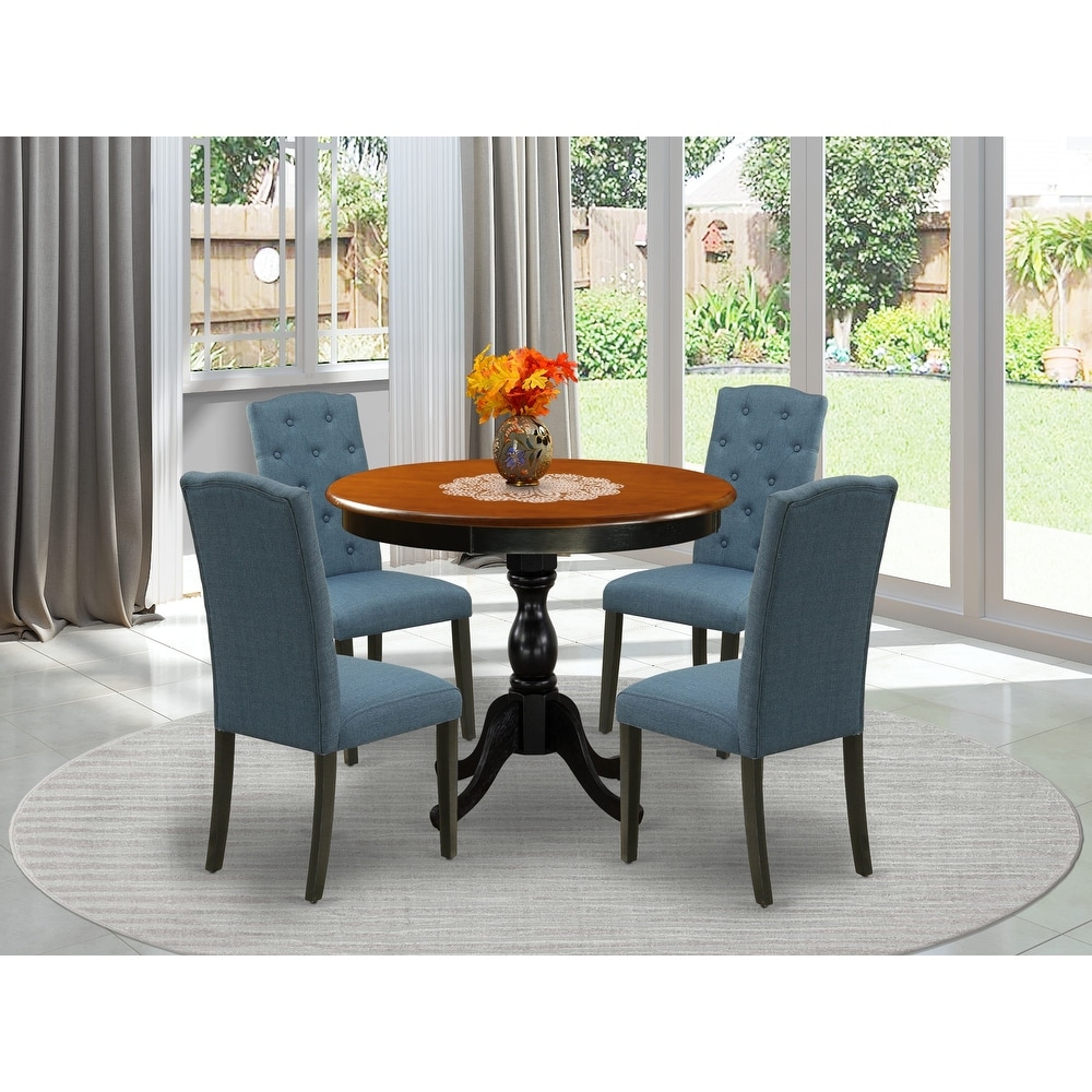 East West Furniture Dinette Set  a Round Kitchen Table and Mineral Blue Linen Fabric Chairs  Black   Cherry (Pieces Options)