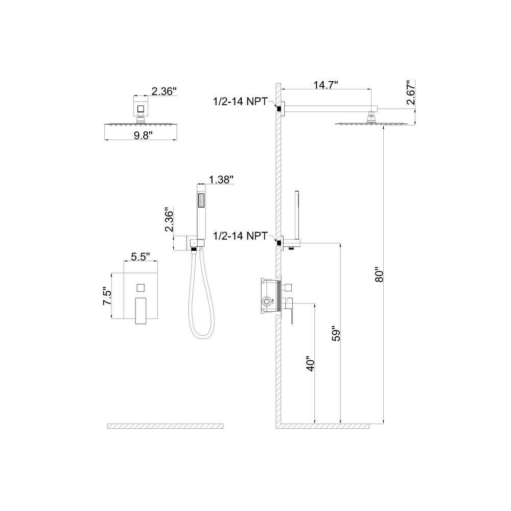 GIVING TREE 2-Spray Patterns with 2.0 GPM 10 in. Wall Mount Dual Shower Heads Hand Shower Faucet in Matte Black (Valve Included) BDHDSHOW0002