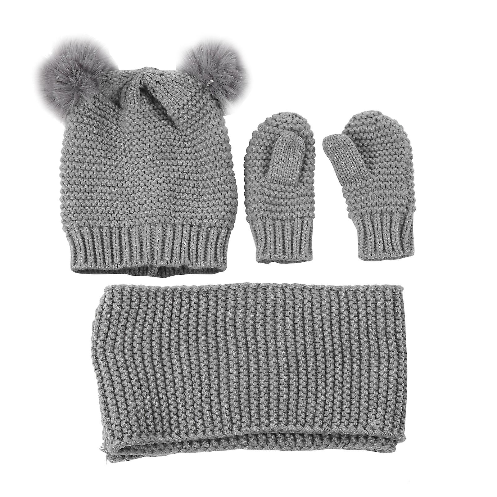 Cute Woolen Yarn Warm Children Infant Hat Scarf Gloves Set For Winer Autumn Outdoor Activitygray