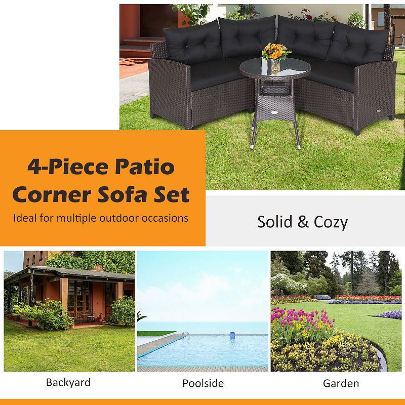 4 Pieces Patio Rattan Furniture Set Cushioned Sofa Glass Table