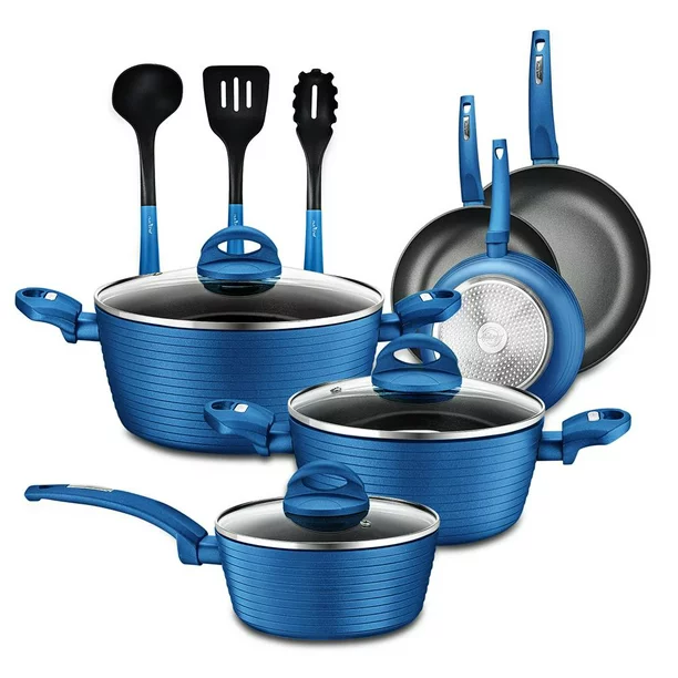 NutriChef 12pc Pots and Pans Set - Stylish Kitchen Cookware， Non-Stick Coating， Light Gray Inside and Blue Outside