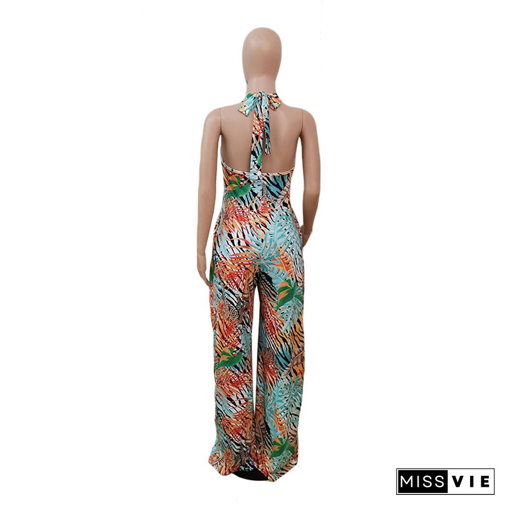 Elegant Leaf Printed Women Deep V Backless Halter Boho Sleeveless Casual Summer Wide Leg Jumpsuits