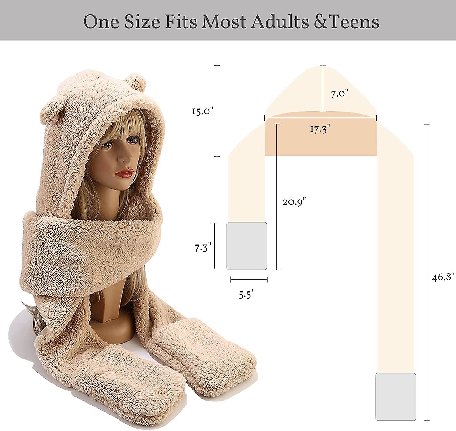 Winter Faux Fur Hood Hat Scarf And Gloves 3 In 1 Hooded Scarf For Women Men Ear Khaki -