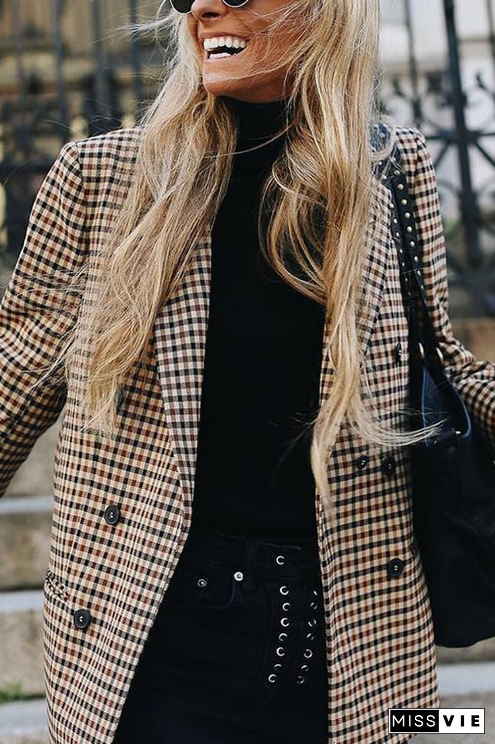 Plaid Button Long Sleeve Blazer