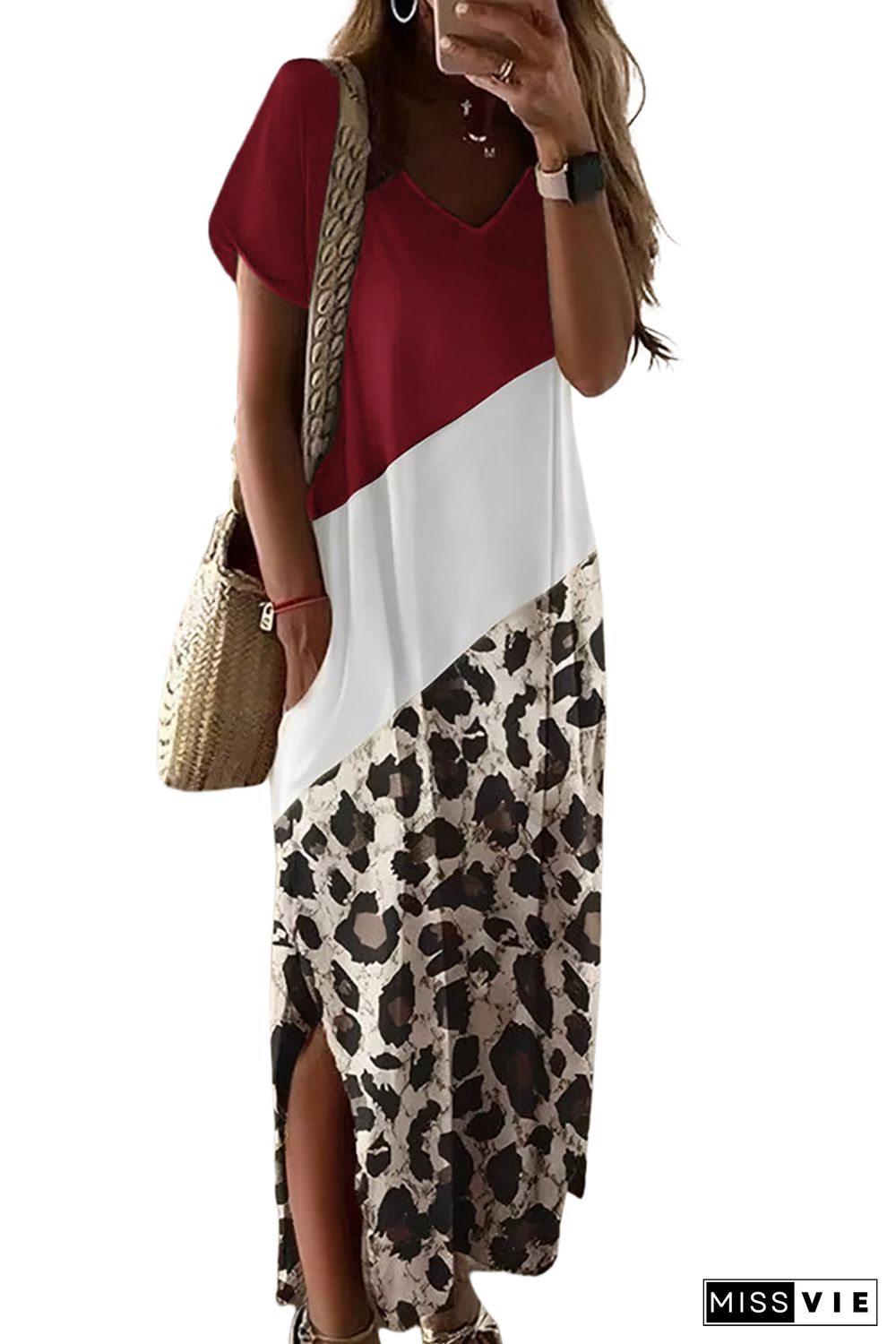 Red Leopard Color Block Side Slit T Shirt Maxi Dress