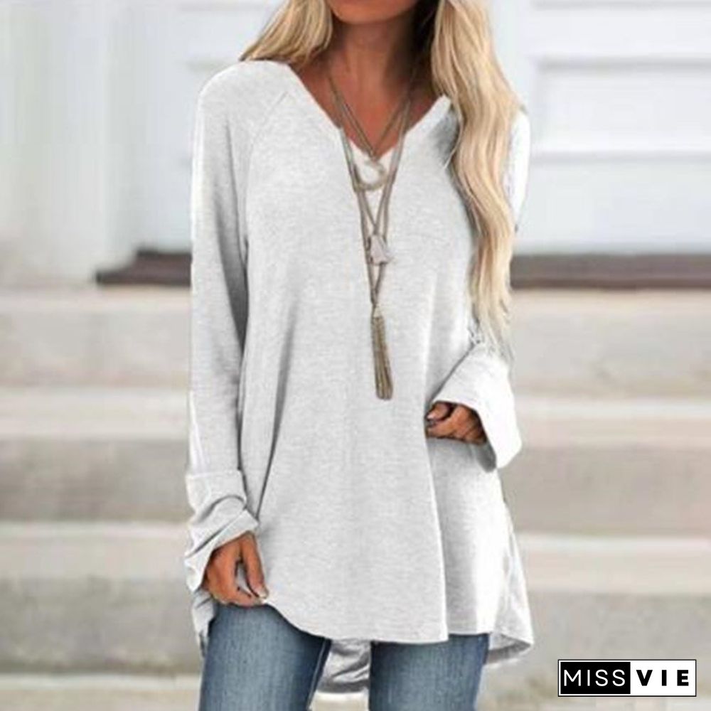 Women's Plain Long Sleeves Loose T-shirt Solid Color V Neck Pullover Tops Autumn Spring Fashion T-shirt Casual Tee