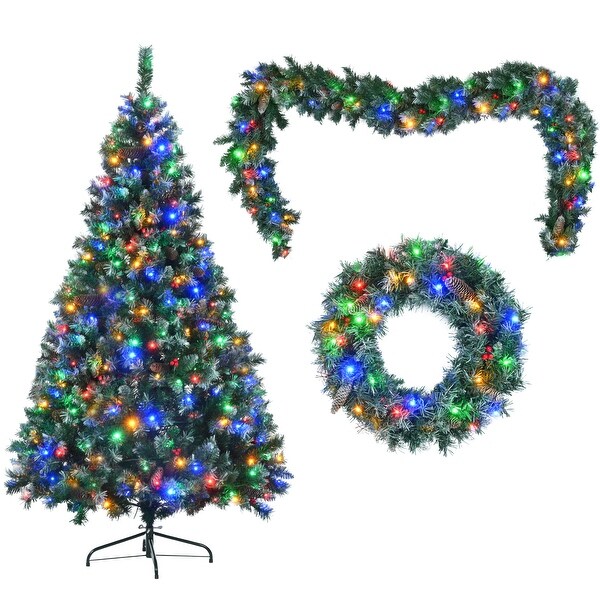 6FT Dark Green Pine Christmas Tree，PreLit Set with White Tips，Red Berries and Pine Cones，11 Colorful Modes