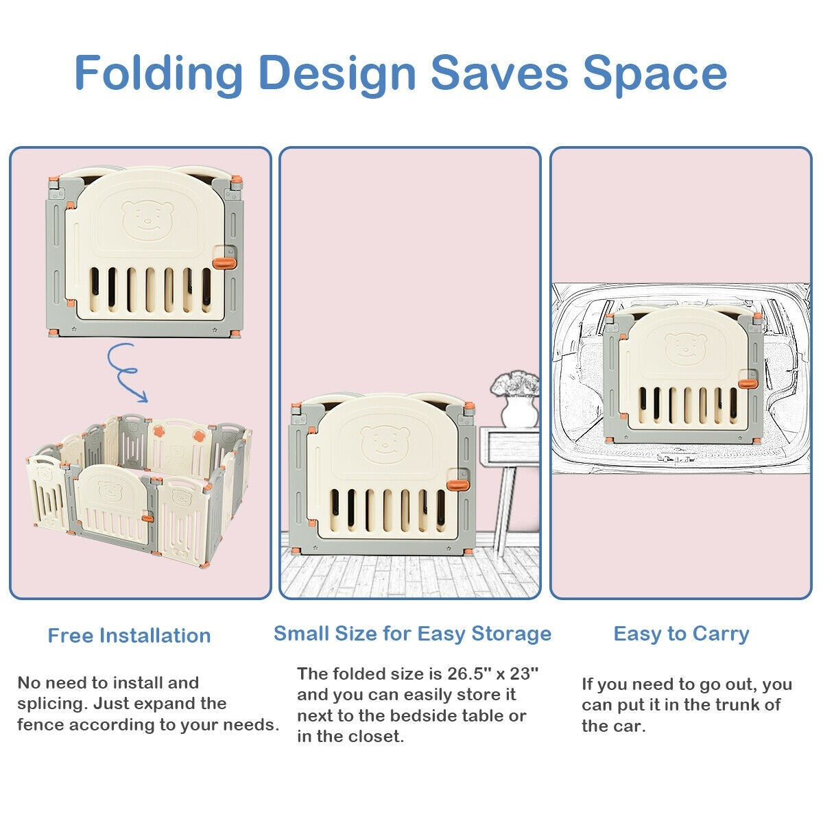 Costzon Baby Playpen, 14-Panel Foldable Kids Safety Activity Center Playard w/Locking Gate (Beige + Gray)