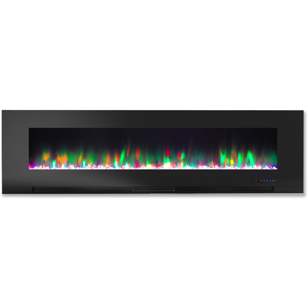 Hanover 60 In. Wall Mount Electric Fireplace in Black with Multi Color Flames and Crystal Rock Display