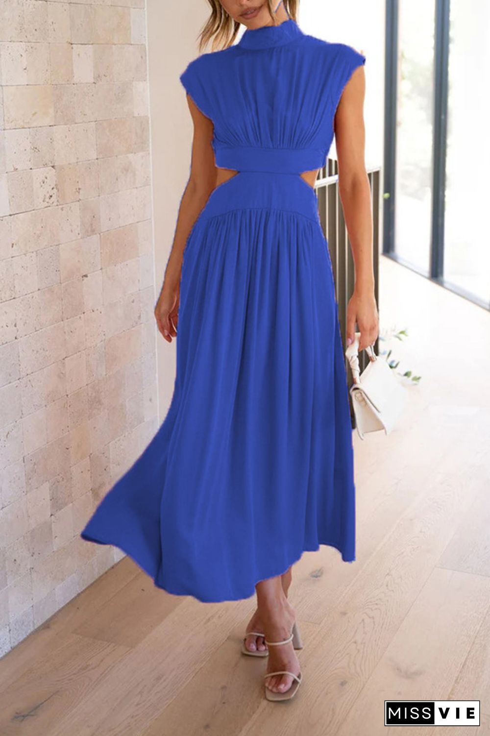 Plain Frilled High Collar Cut Out Waist Maxi Dress