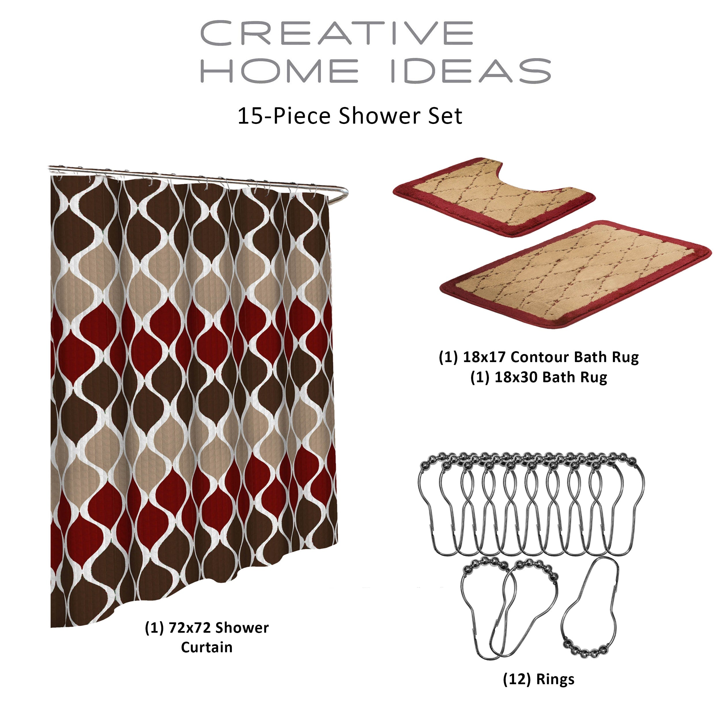 Espresso/Barn Red Geometric， Bathroom Set， 15 Piece， Clarisse