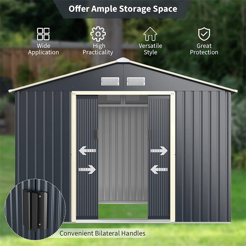 9 x 6 FT Outdoor Metal Storage Shed with 4 Air Vents & Sliding Double Lockable Doors, Backyard Tool Shed Garden Storage House