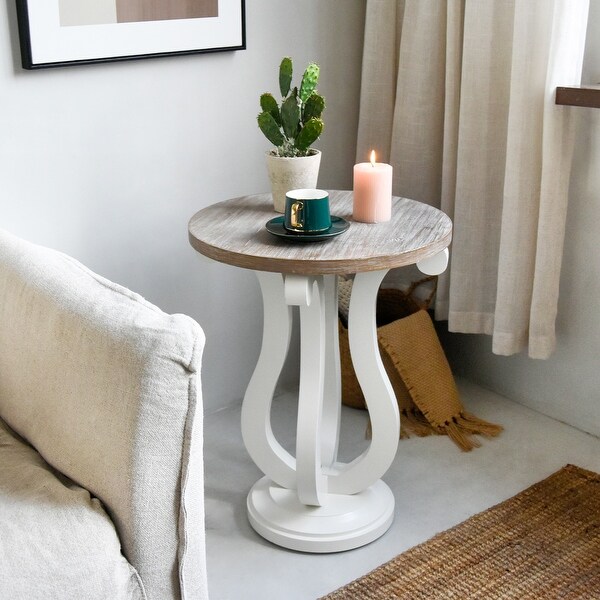 Farmhouse Round End Table， Rustic Wood Side Table for Living Room/Bedroom， White/Natural