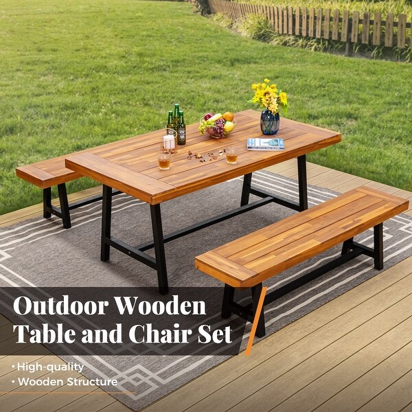 MAISON ARTS 3PCS Outdoor Patio Dining Table Set Acacia Wood with 1 Rectangular Picnic Coffee Table and 2 Benches