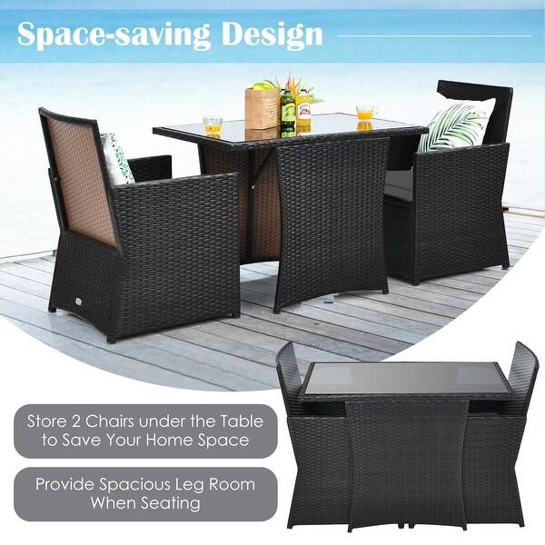 3PCS Patio Wicker Bistro Set PE Rattan Dining Table Set w/ Grey Cushions - Overstock - 37938511