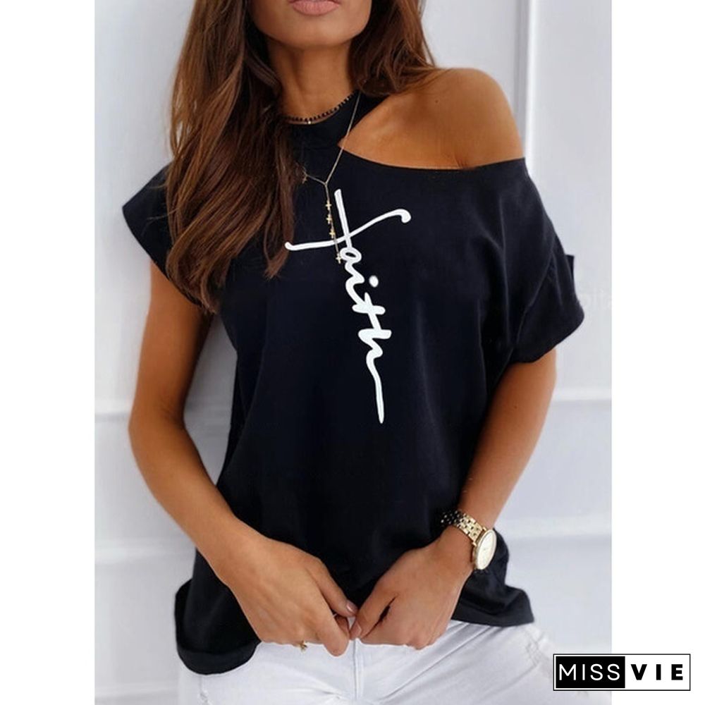 Plus Size Off Shoulder Print T Shirt Women Loose Casual Summer T-shirt Short Sleeve Cotton Tops