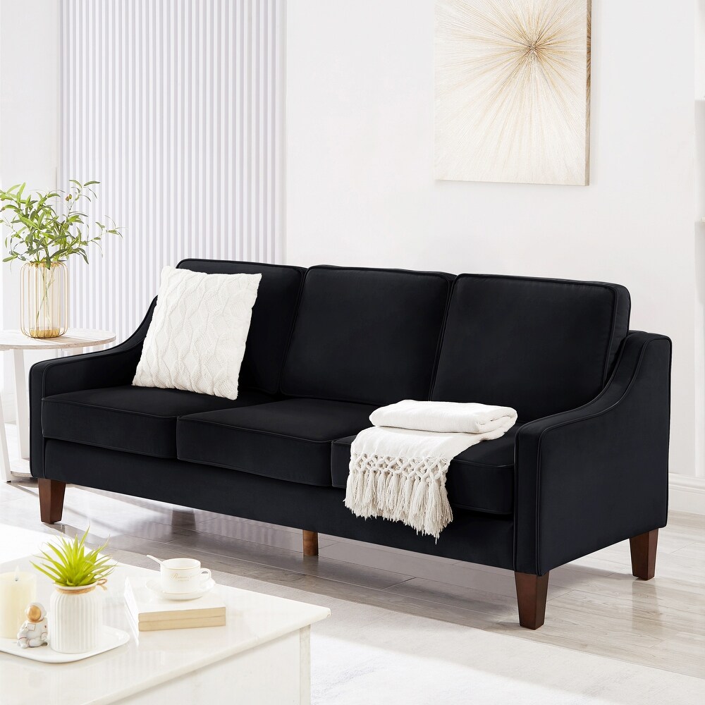 Velvet Straight Row Sofa Couch Removable Cushions Settee Scooped Armrest Loveseat Sofa with Wood Legs for Living Room