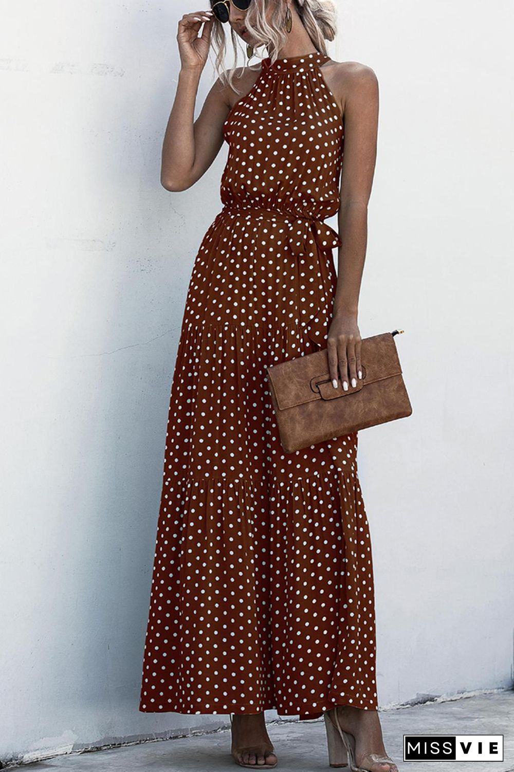 Halter Polka Dot Print Tie Waist Maxi Dress Wholesale