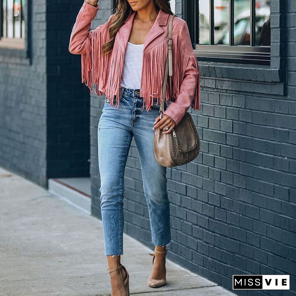 Back To School Outfit  Fashion Women Tassel Jacket Faux Suede Long Sleeve Fringe Jacket Ladies Vintage Cropped Motor Biker Cardigan Streetwear Outwears