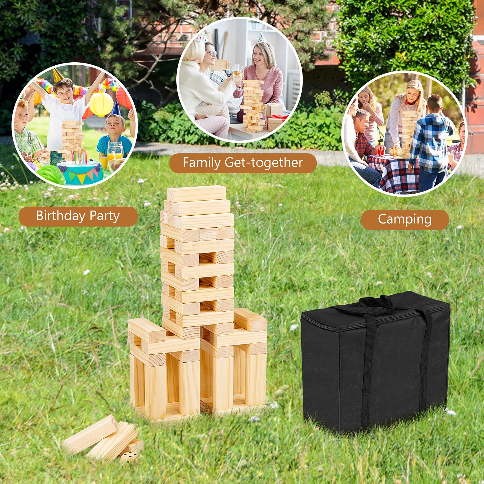 Costzon Giant Tumbling Timber Toy, 54PCS Pine Wooden Block Stacking Game w/ Carrying Bag