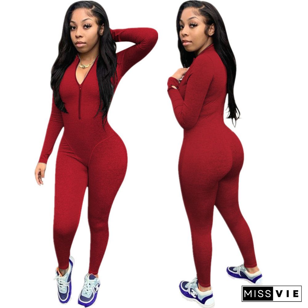 Solid Long Sleeve Zipper Front Bodycon Jumpsuit