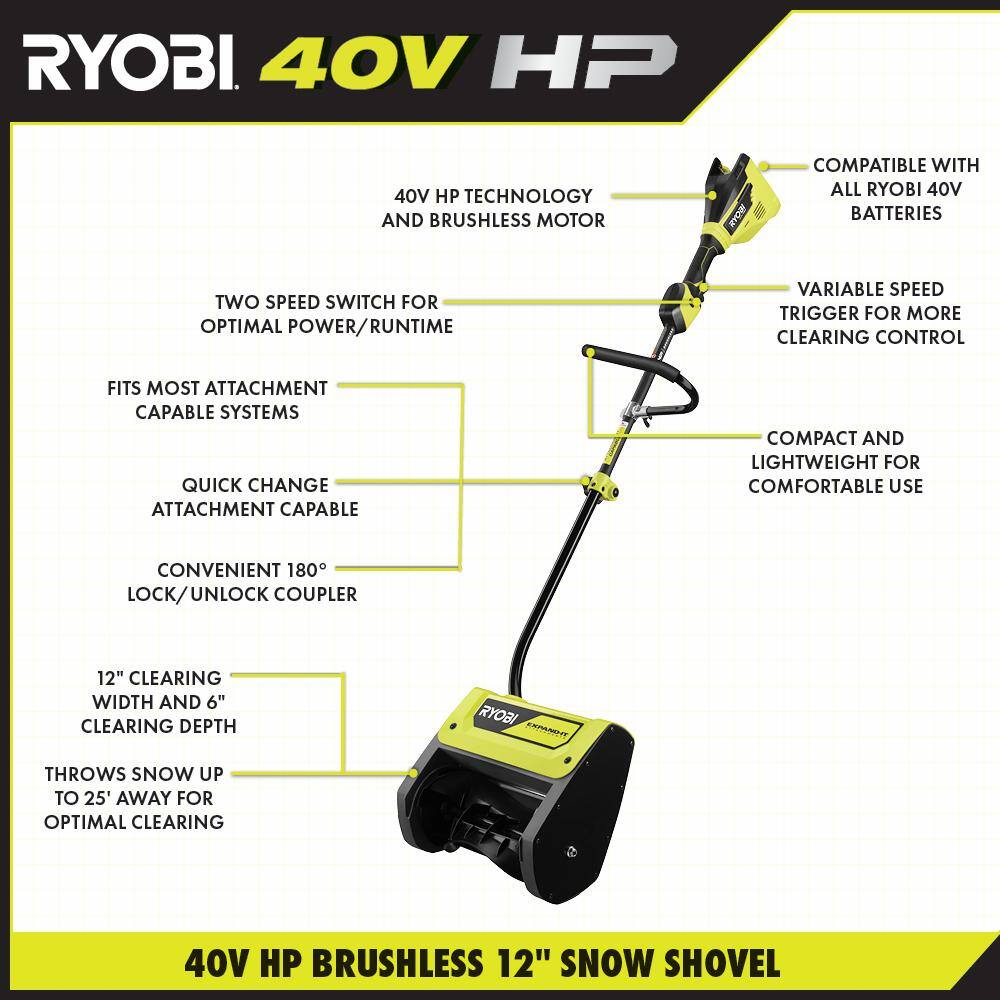 RYOBI 40V HP Brushless 12 in. Cordless Electric Snow Shovel with 4.0 Ah Battery and Charger RY408120