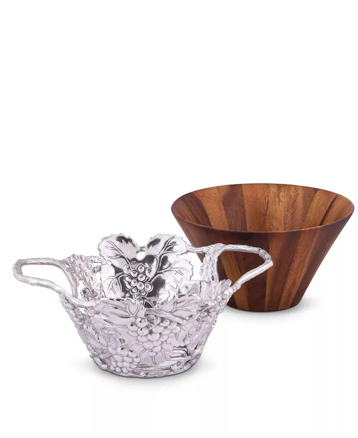 Arthur Court Designs Acacia Wood Salad Bowl with Aluminum Grape Pattern Stand