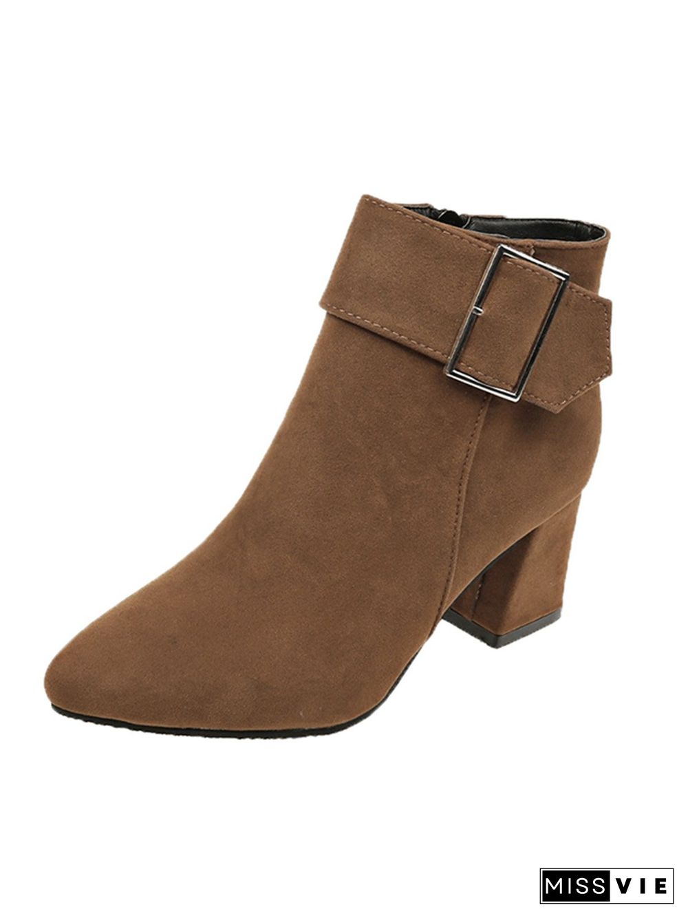 Chunky Heel Buckle Pointed-Toe Suede Martin Boots