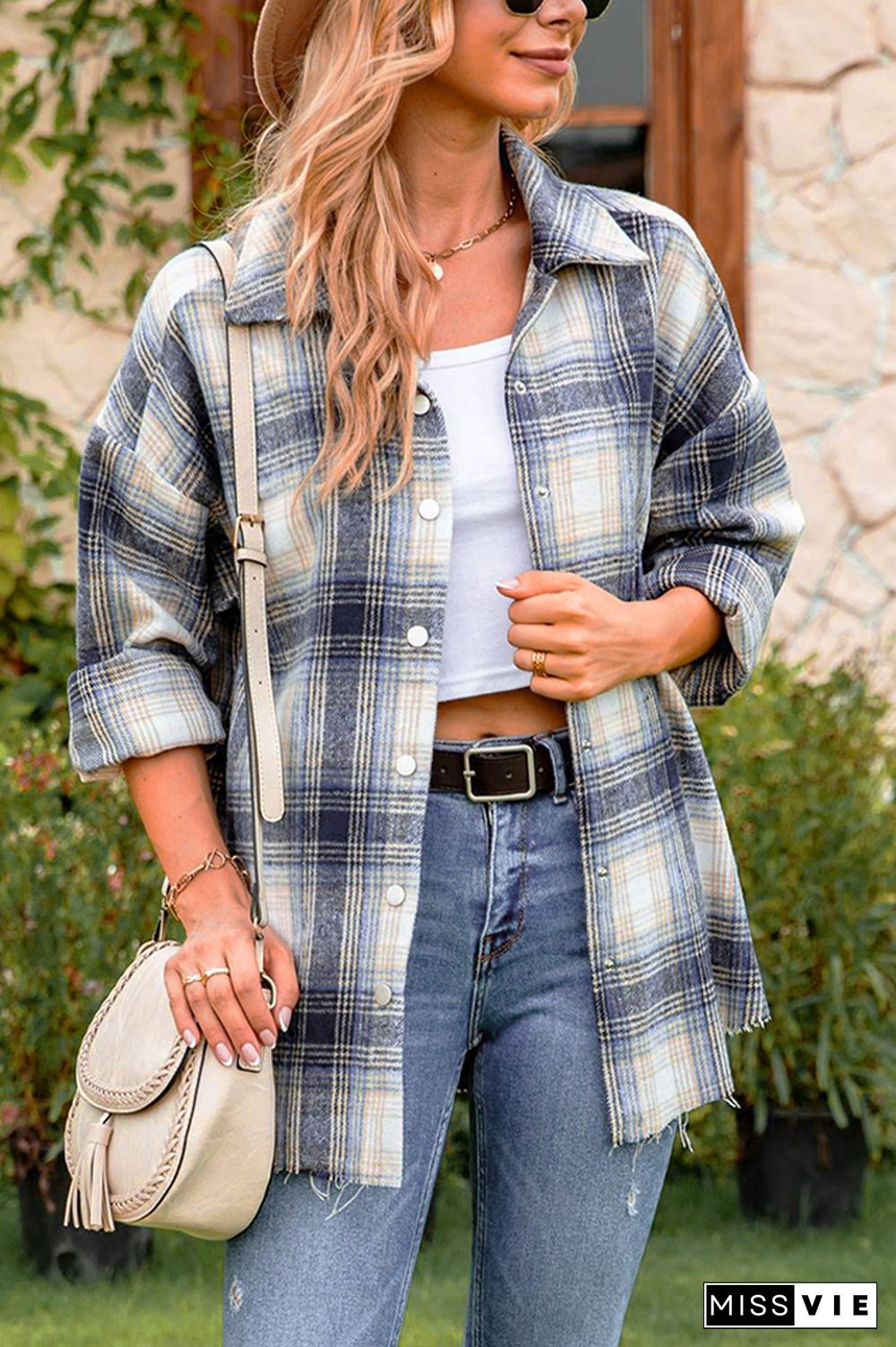 Plaid Front Open Button Raw Trim Jackets