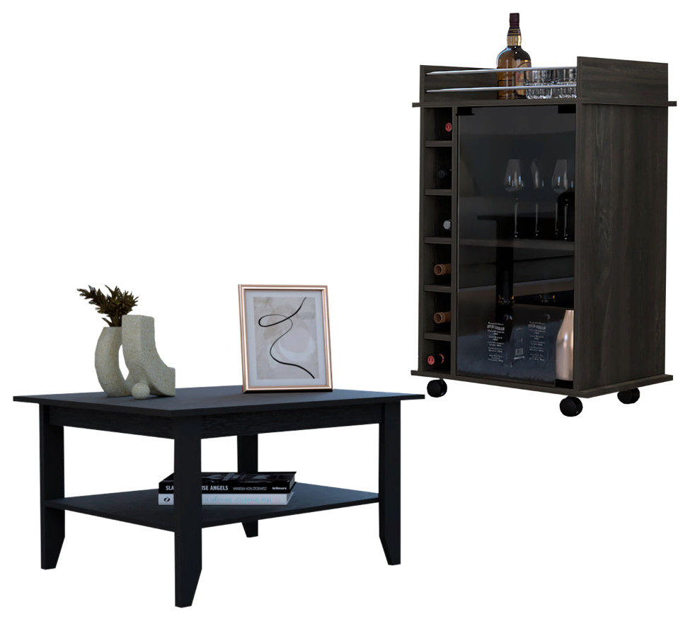 Payson 2 Piece Living Room Set with Bar Cart and Coffee Table  Black   Transitional   Living Room Furniture Sets   by FM FURNITURE  Houzz