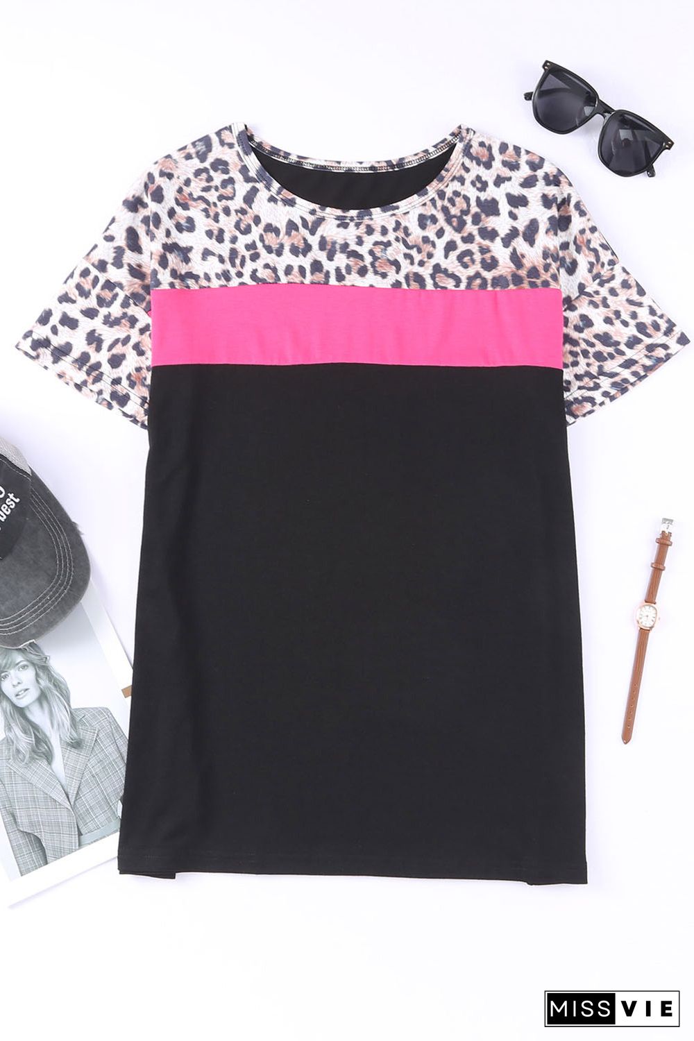 Black Leopard Colorblock Splicing T-shirt