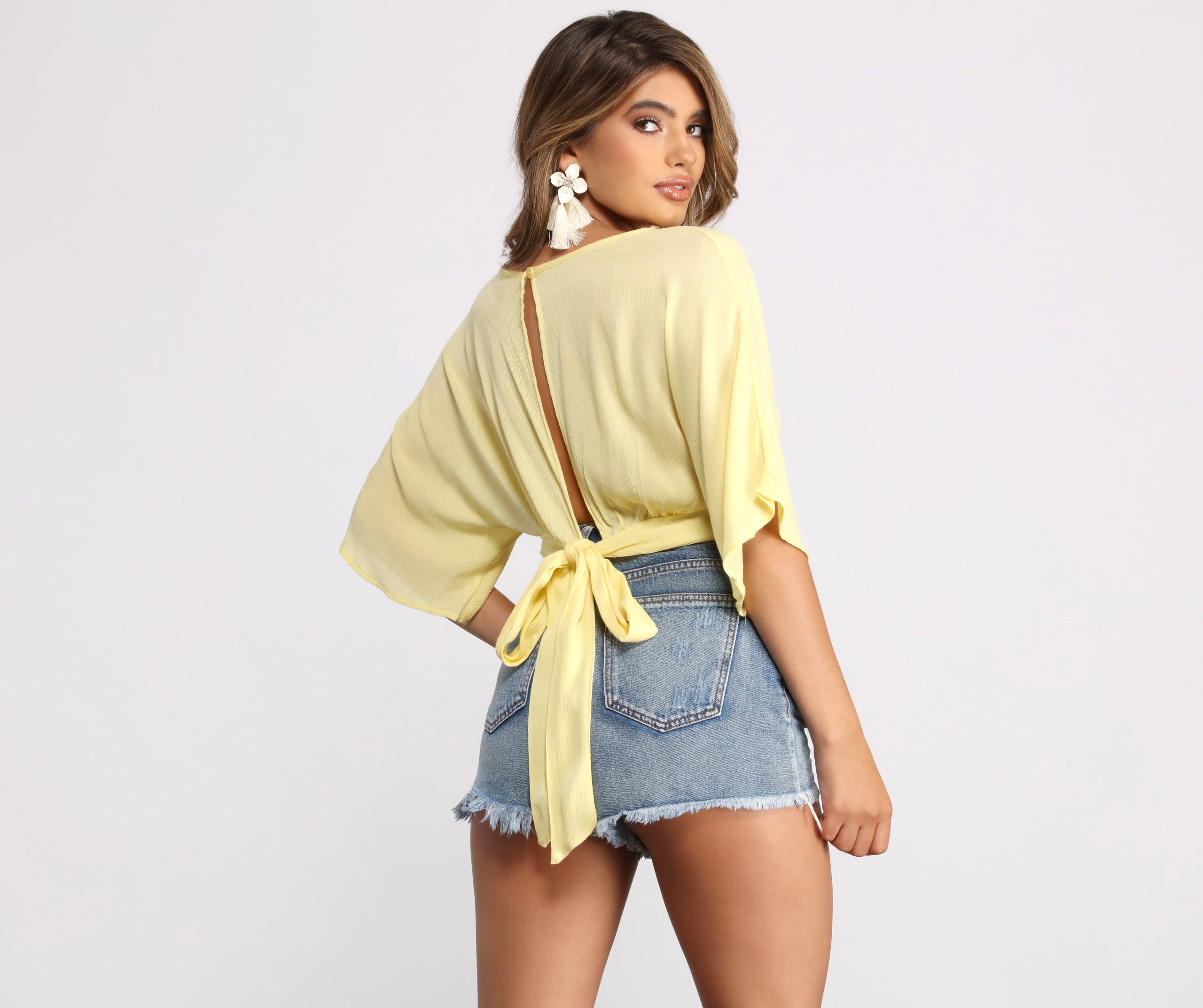 Plunging Surplice Tie Back Gauze Crop Top