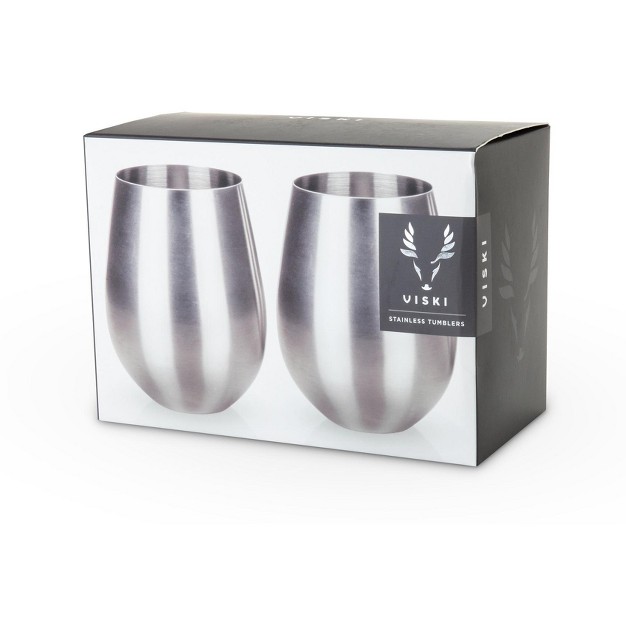 Viski Silver Wine Glasses Stemless Wine Glass Set Stainless Steel With Copper Finish 18 Ounces Set Of 2 Silver