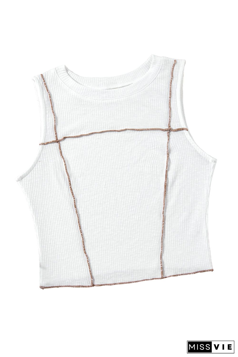 White Contrast Seams Ribbed Tank Top