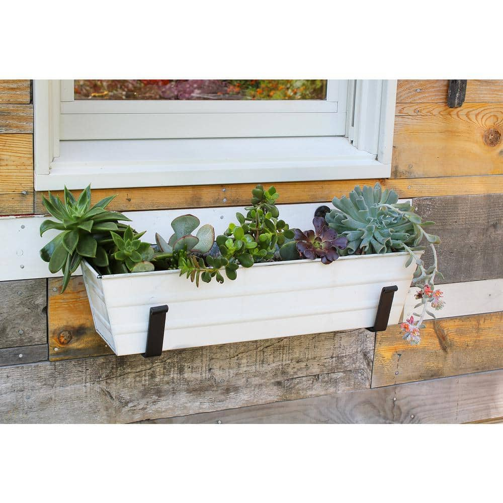 ACHLA DESIGNS 22 in. W Cape Cod White Small Galvanized Steel Flower Box Planter With Wall Brackets C08W-WM