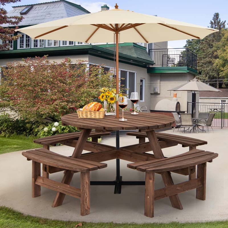 8-Person Outdoor Wooden Round Picnic Dining Table Bench Set with Umbrella Hole & 4 Benches