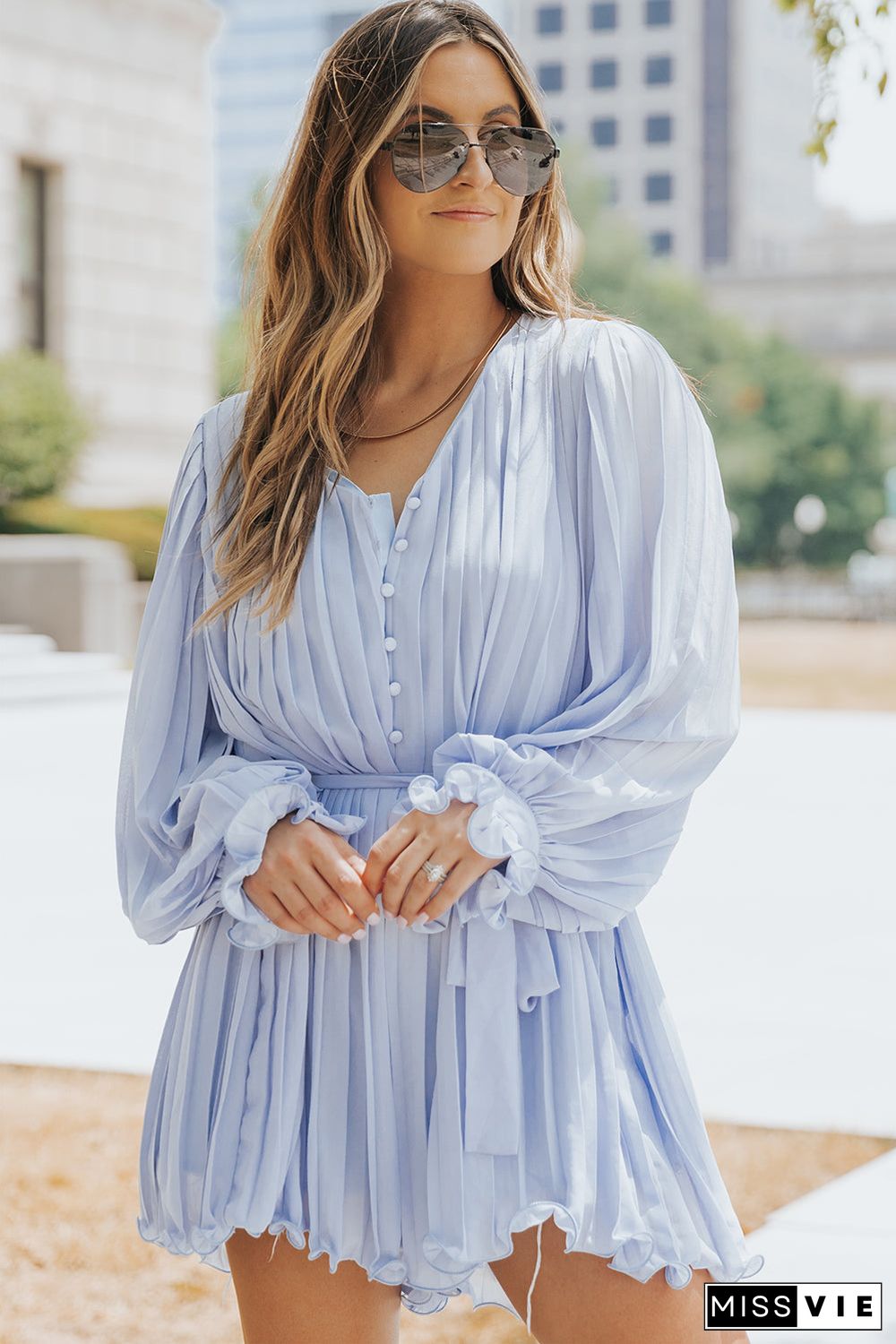 Pleated Ruffled Tie Waist Buttons V Neck Romper