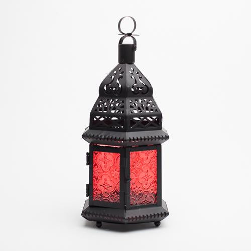 Richland Hanging Moroccan Metal Lantern with Red Embossed Glass