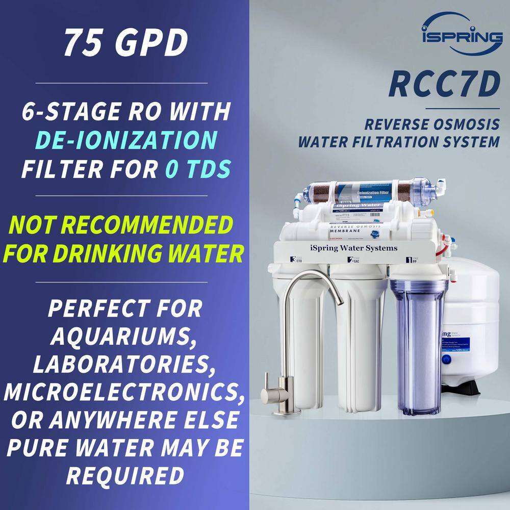 ISPRING 6-Stage 75GPD Under sink Reverse Osmosis Water Filter System with De-Ionization filter for 0 TDS RCC7D