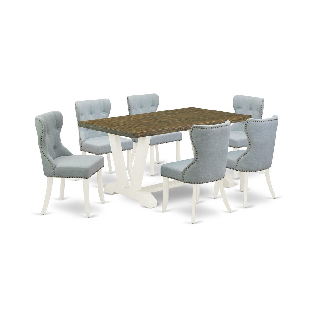 East West Furniture Dining Set  a Dining Table and Baby Blue Linen Fabric Parson Chairs  Linen White(Pieces Options)