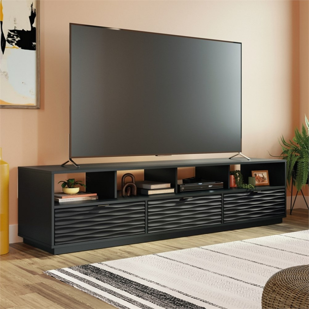 Bowery Hill Modern Engineered Wood 80 quotCredenza in Black Finish   Transitional   Entertainment Centers And Tv Stands   by Homesquare  Houzz