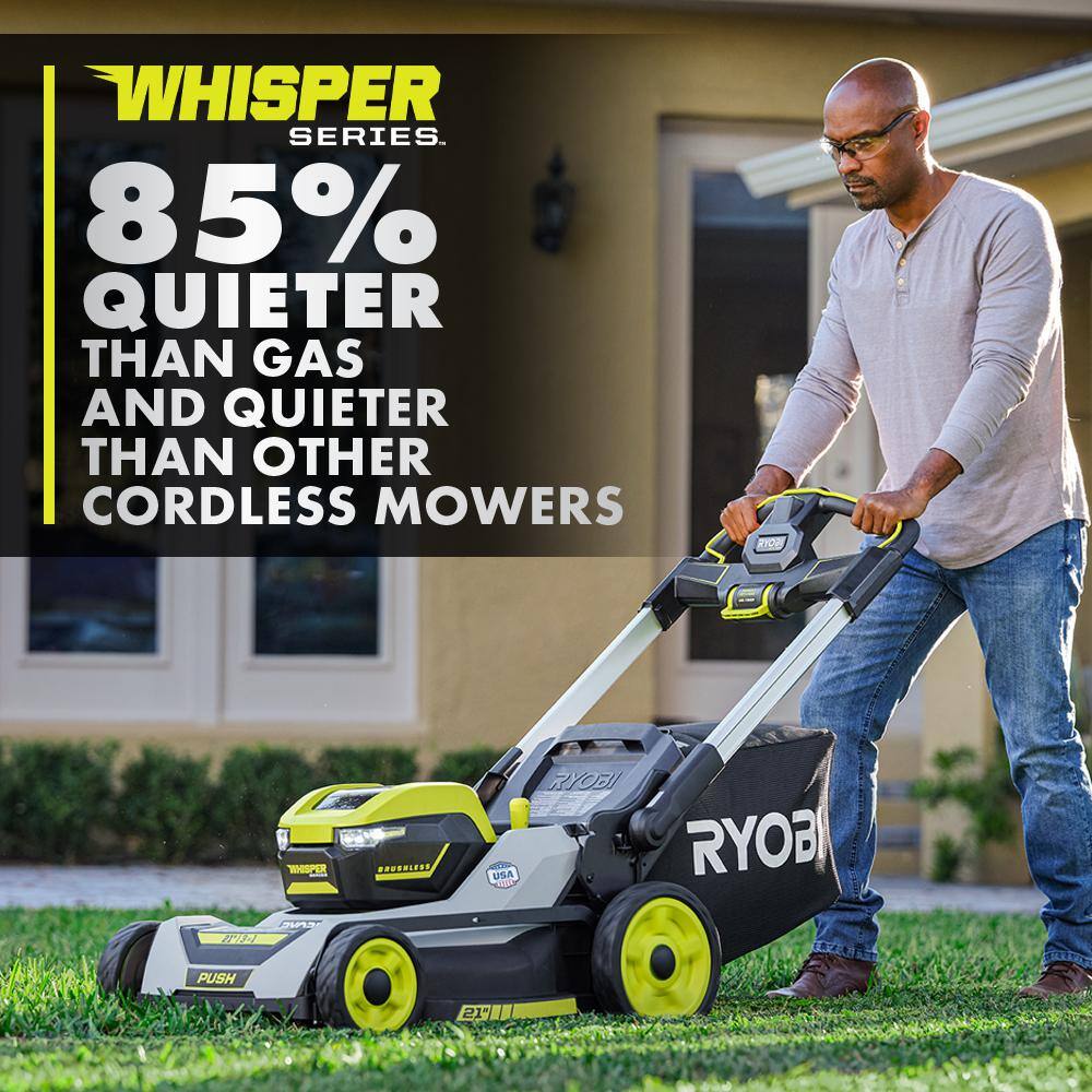 RYOBI 40-Volt HP Brushless 21 in. Whisper Series Cordless Walk-Behind Dual Blade Push Mower w(2) 6.0 Ah Batteries and Charger RY401220