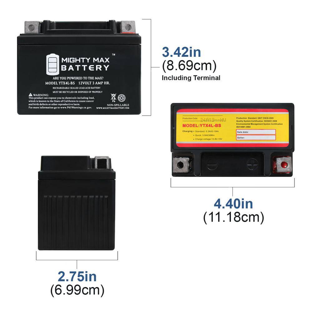 MIGHTY MAX BATTERY 12-Volt 3 Ah 50 CCA Rechargeable Sealed Lead Acid (SLA) Powersport Battery YTX4L-BS15664