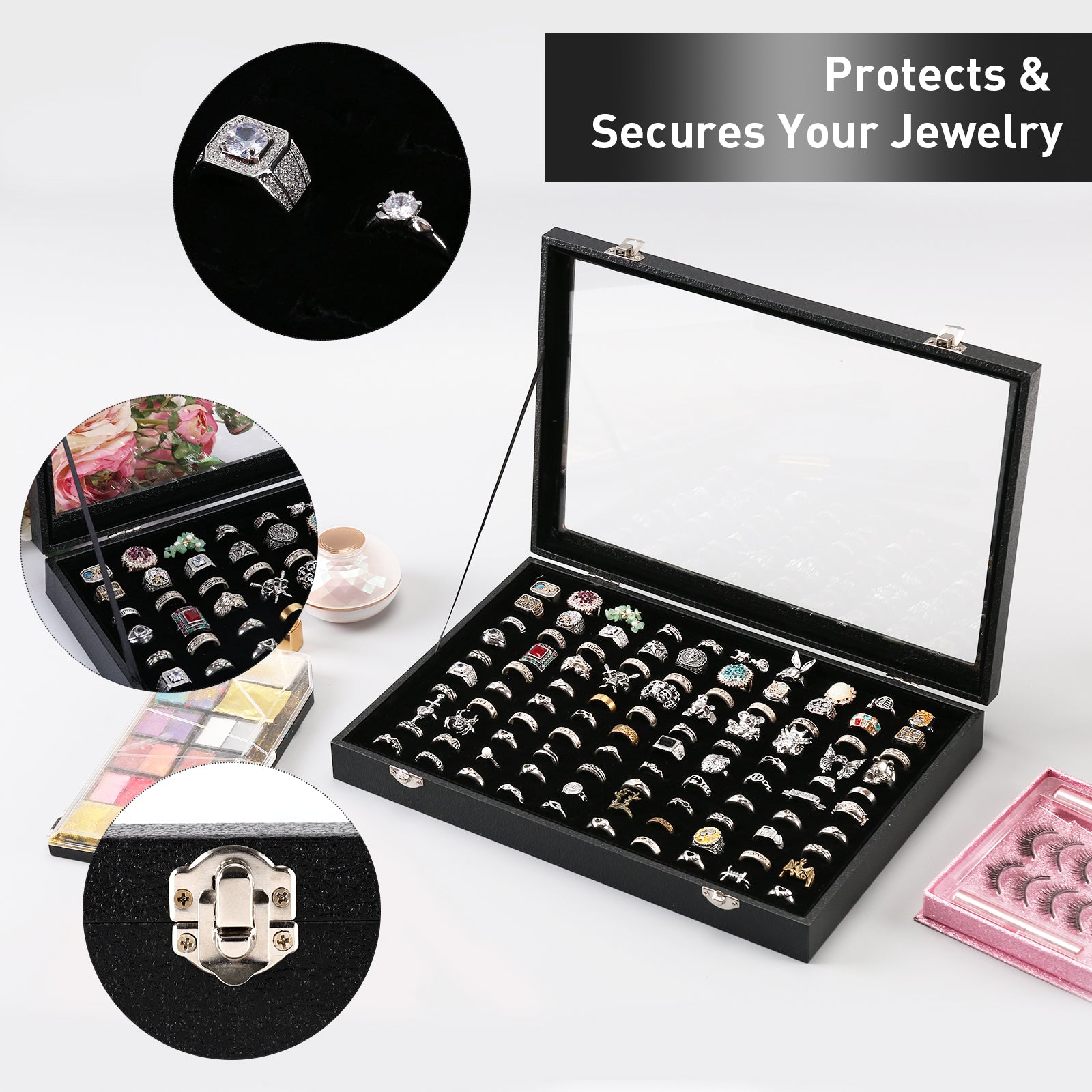 Coward 100 Slots Ring Organizer Display Case,Black Velvet Rings Tray with Glass Lid,Jewelry Displays for Big Wide Rings Selling and Show.