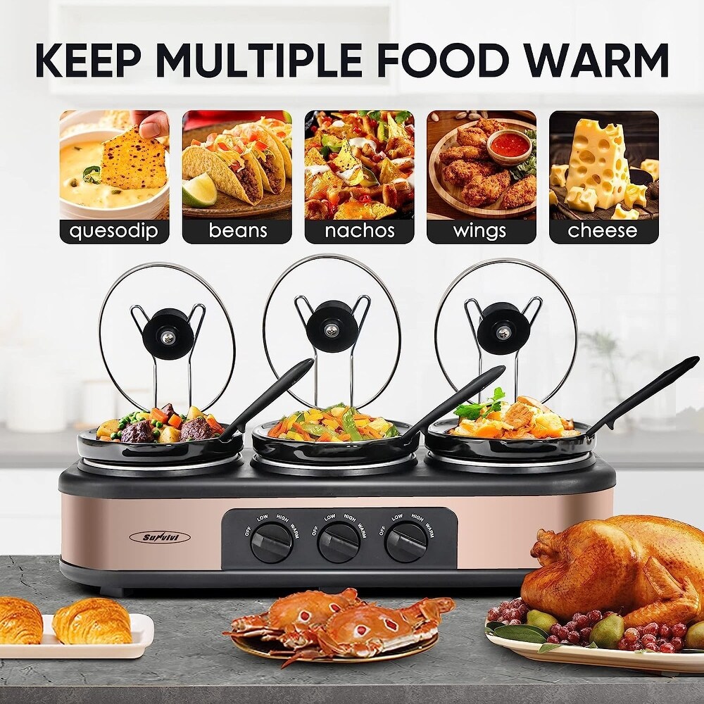 Triple Slow Cookers  3x1.5 Qt Food Warmer Adjustable Temp Buffet Server  Mini Crock Dips Pot  Glass Lid   Pot  with Lid Rests