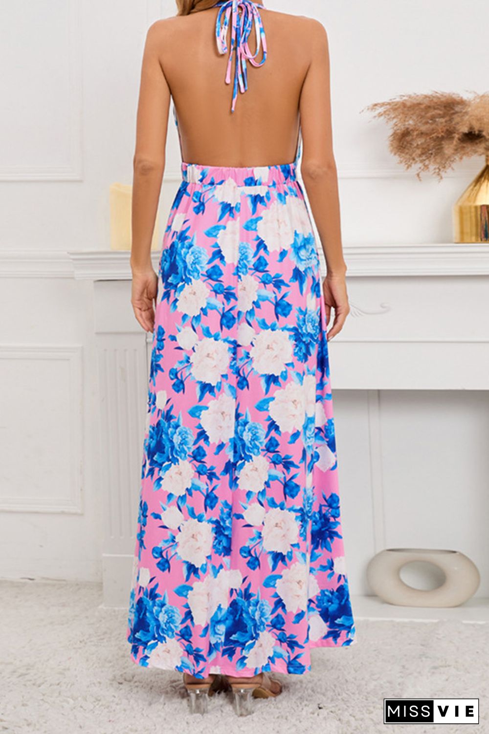 V Neck Halter Backless High Split Floral Maxi Dress