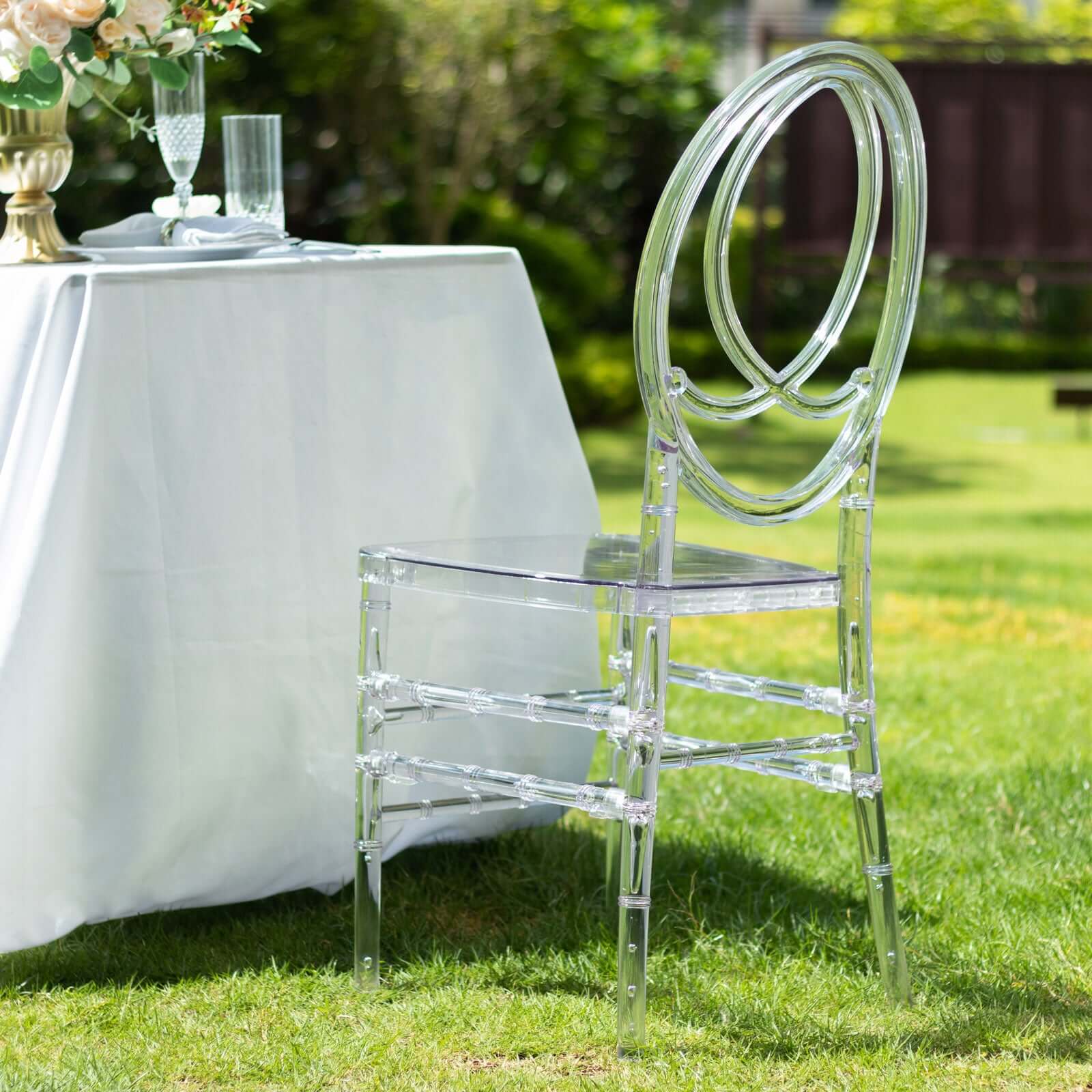 Stackable Clear Acrylic Phoenix Chiavari Ghost Chair, Transparent Resin Armless Oval Back Event Chair